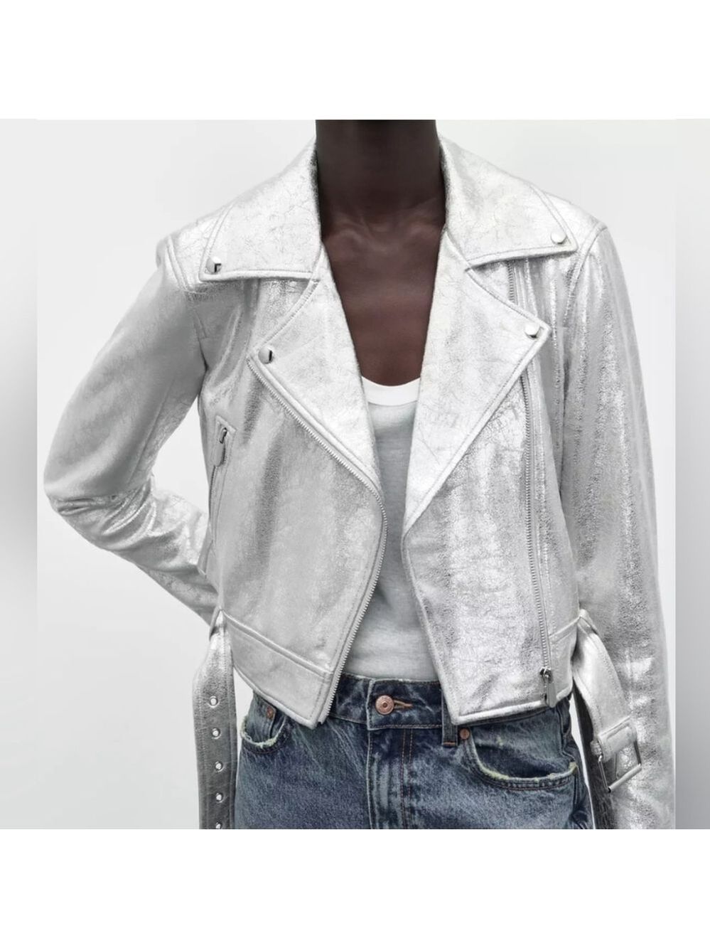 Like NEW Zara Silver Faux Leather Metallic Shiny Biker Jacket